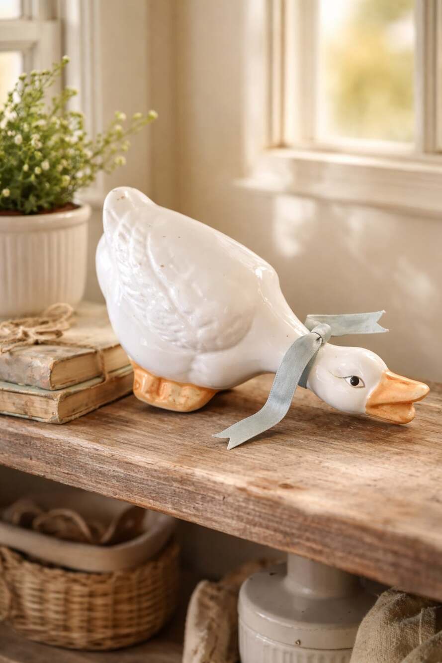 Vintage Ceramic White Goose Figurine with Blue Ribbon Bow